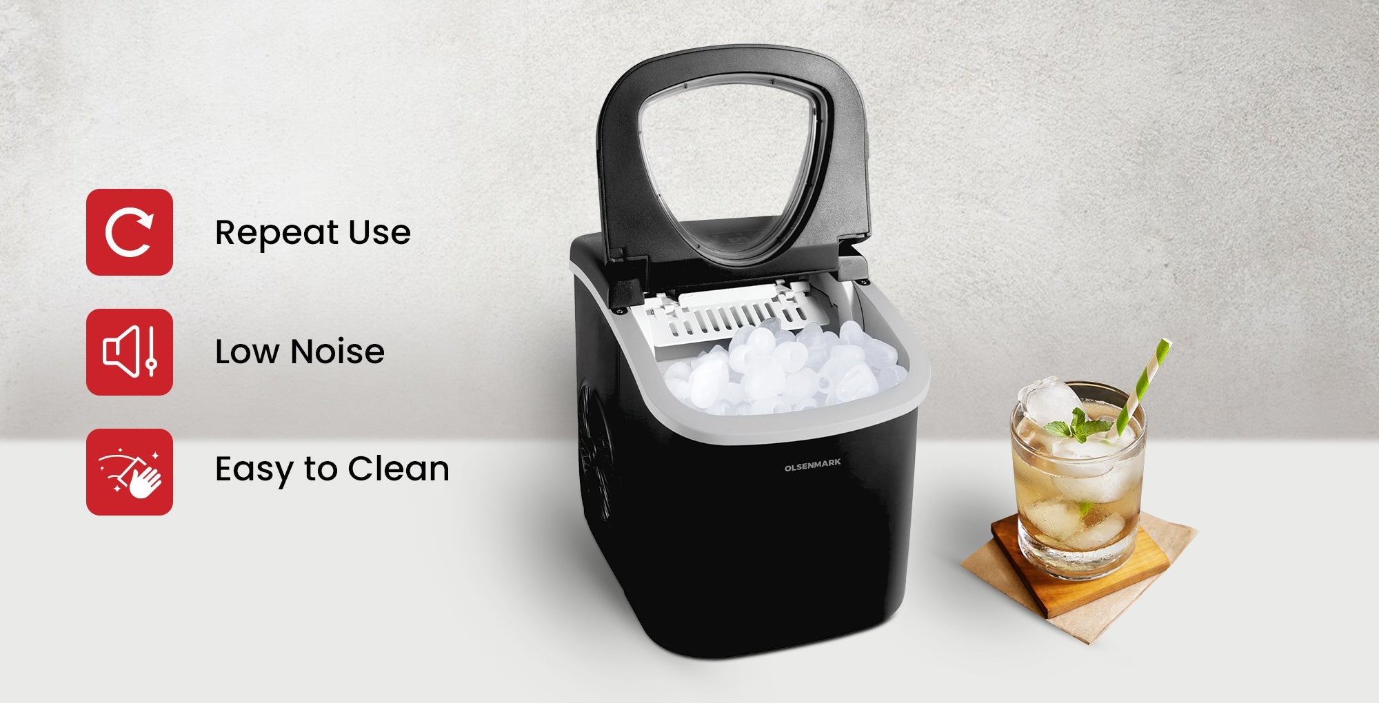 Olsenmark Ice Maker With Plug Drain, High Speed Fan, Bullet Shaped Ices Includes Basket And Scoop, Compact And Wide Use, Perfect For Home, Restaurants, Outdoor Parties, Camps 100 W OMIM2496LR BlackKitchen Appliances❄️ Fast Bullet Ice Production: Quickly c